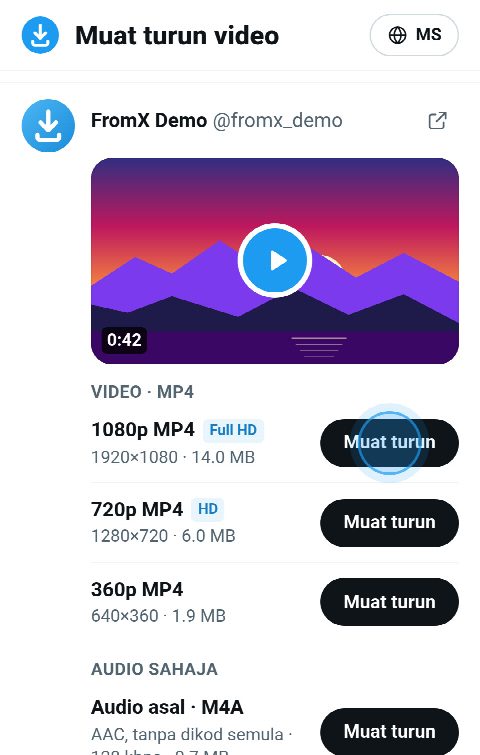 Kad video di FromX.app dengan butang MP4 dalam 1080p, 720p dan 360p