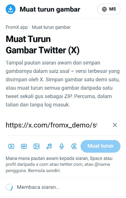 Pautan siaran ditampal dalam medan FromX.app semasa gambar sedang dicari
