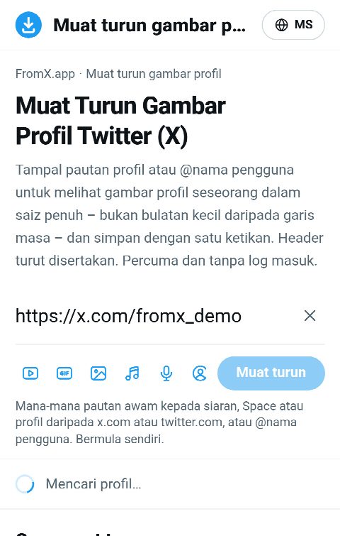 Pautan profil ditampal dalam medan FromX.app semasa profil sedang dicari