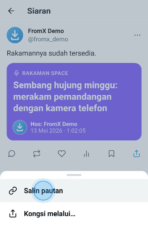 Space yang dirakam di X, menu kongsi dibuka dan “Salin pautan” dipilih