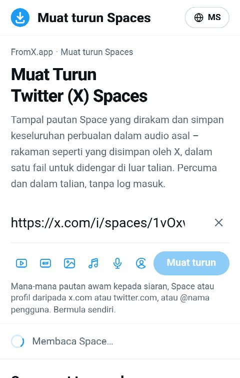 Pautan Space ditampal dalam medan FromX.app semasa rakaman sedang dicari