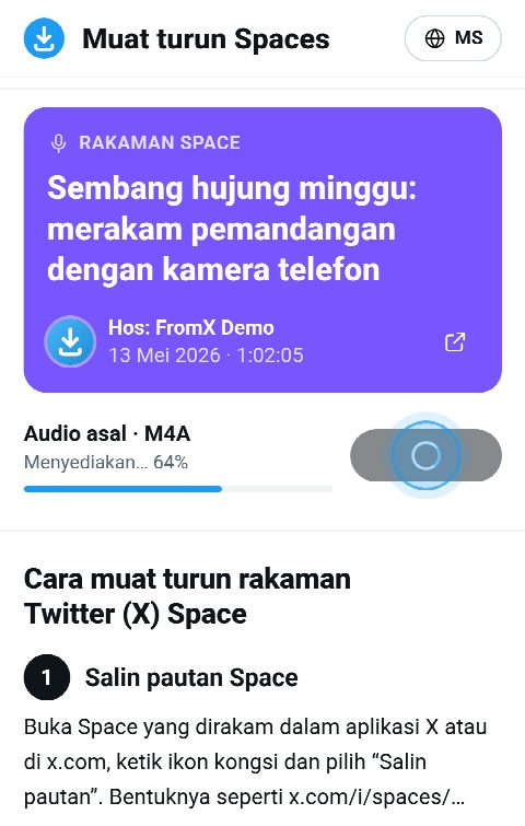 Kad Space di FromX.app semasa rakaman sedang dicantumkan, dengan bar pada 64%