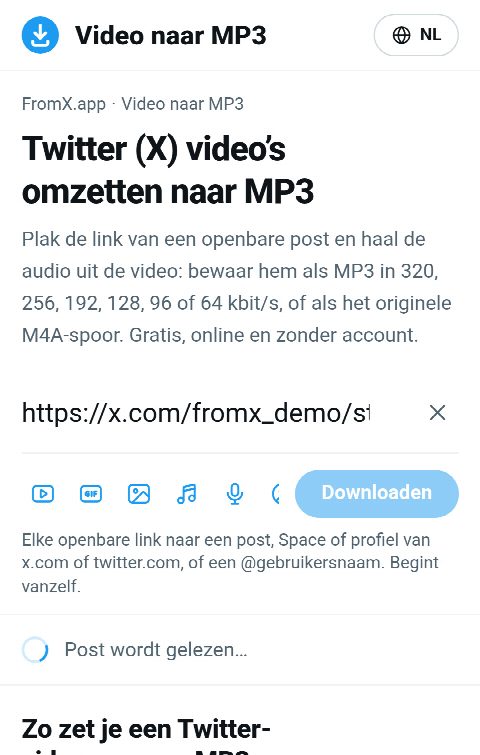 De link van de post in het veld op FromX.app terwijl het geluid wordt opgezocht