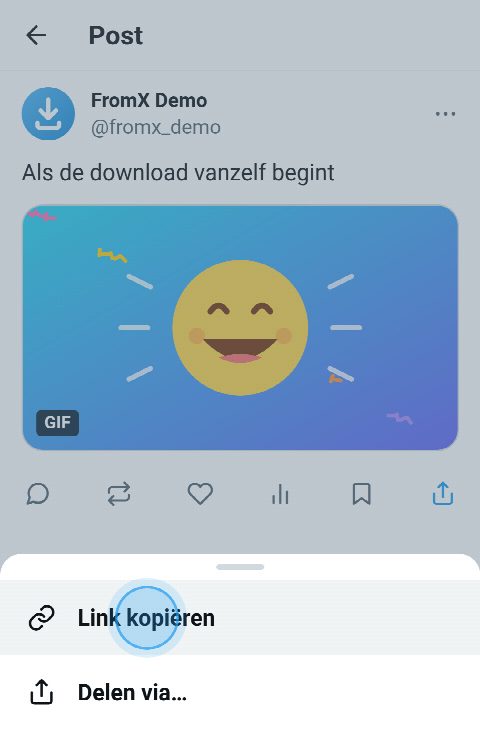 Een post met een GIF op X, met het deelmenu open en ‘Link kopiëren’ geselecteerd