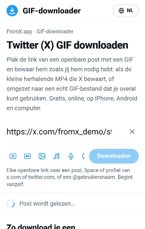 De link van de post in het veld op FromX.app terwijl de GIF wordt opgezocht