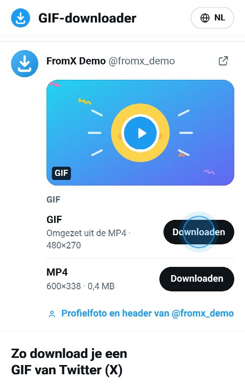 De GIF-kaart op FromX.app met knoppen voor de geanimeerde GIF en de MP4