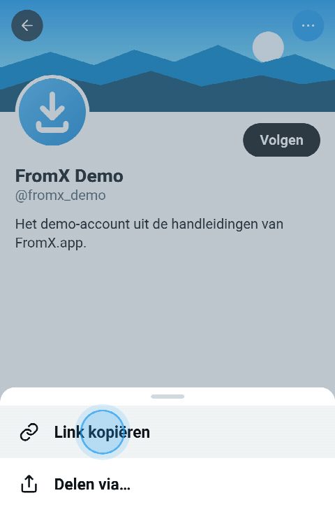 Een profiel op X met het menu open en ‘Link kopiëren’ geselecteerd
