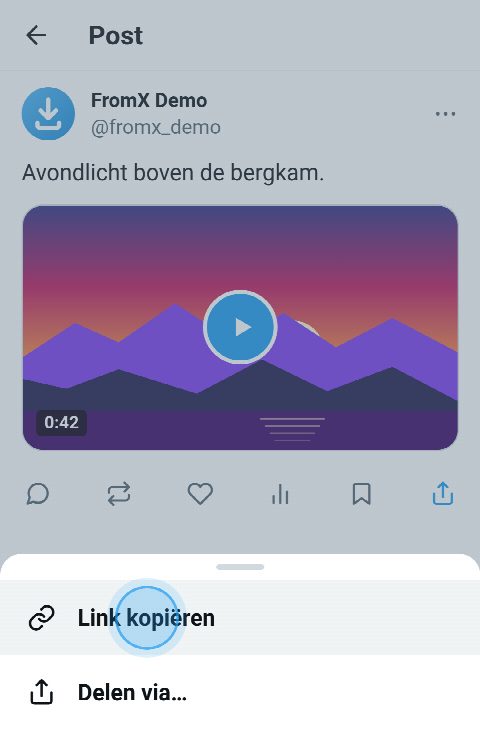 Een post met een video op X, met het deelmenu open en ‘Link kopiëren’ geselecteerd