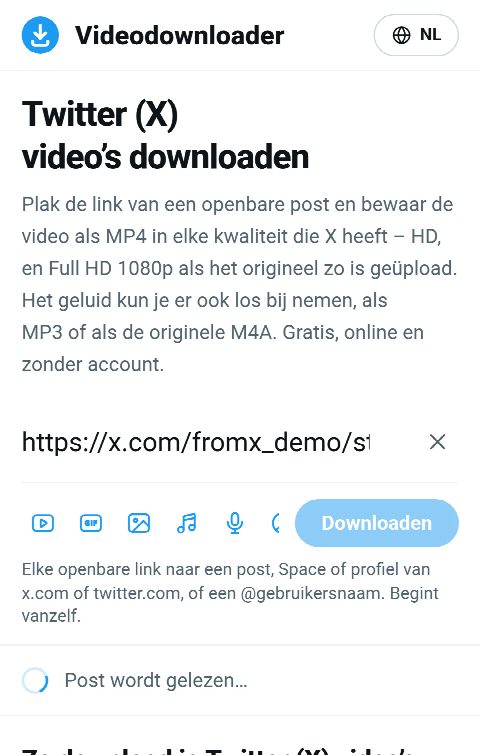 De link van de post in het veld op FromX.app terwijl de video wordt opgezocht
