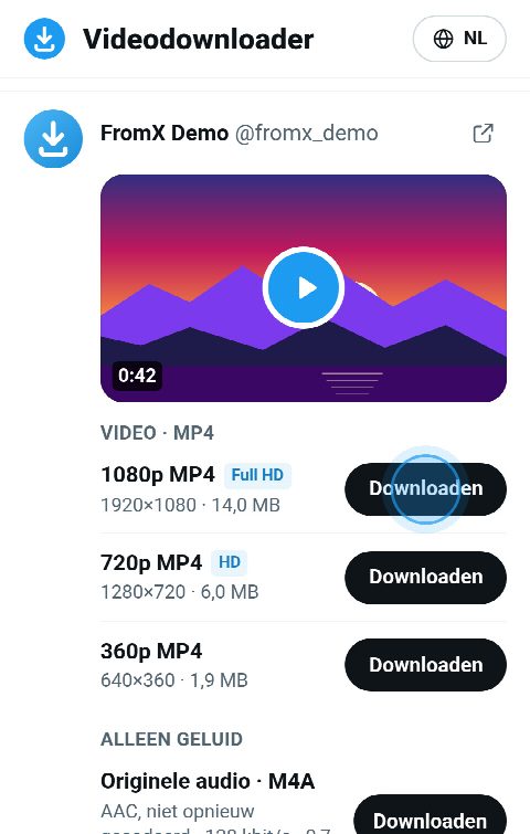 De videokaart op FromX.app met MP4-knoppen in 1080p, 720p en 360p