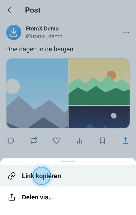 Een post met drie foto’s op X, met het deelmenu open en ‘Link kopiëren’ geselecteerd