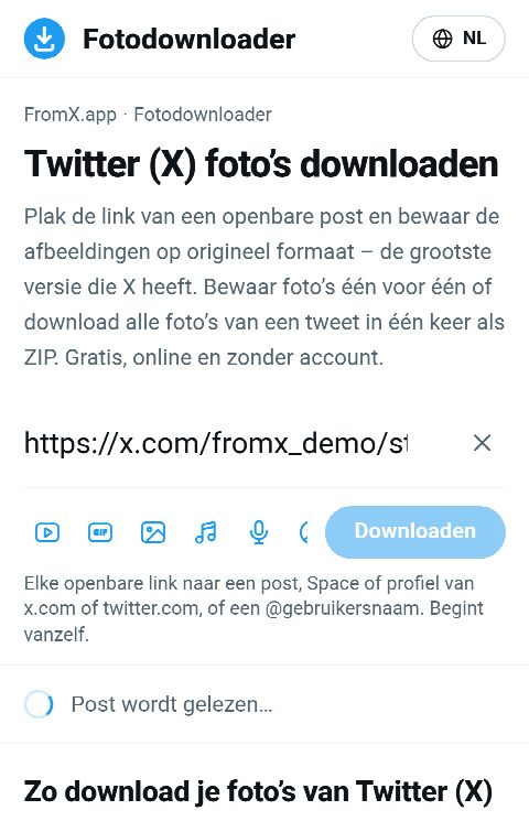 De link van de post in het veld op FromX.app terwijl de foto’s worden opgezocht