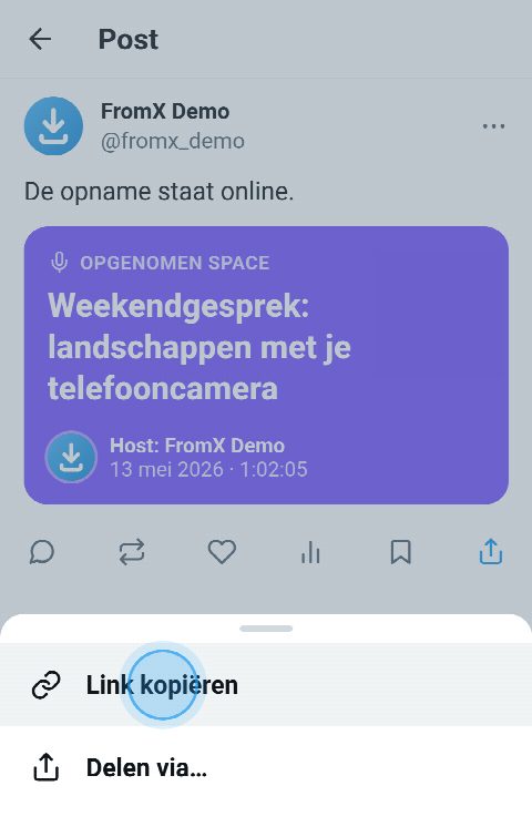 Een opgenomen Space op X, met het deelmenu open en ‘Link kopiëren’ geselecteerd