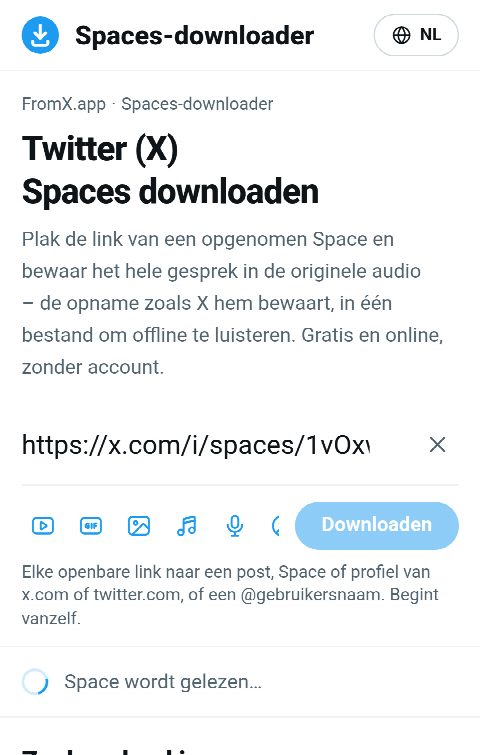 De link van de Space in het veld op FromX.app terwijl de opname wordt opgezocht
