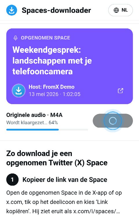 De Space-kaart op FromX.app terwijl de opname wordt samengevoegd, met de balk op 64%