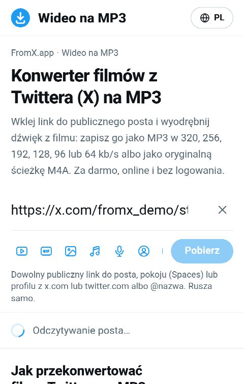 Link do posta wklejony w pole na FromX.app podczas wyszukiwania dźwięku