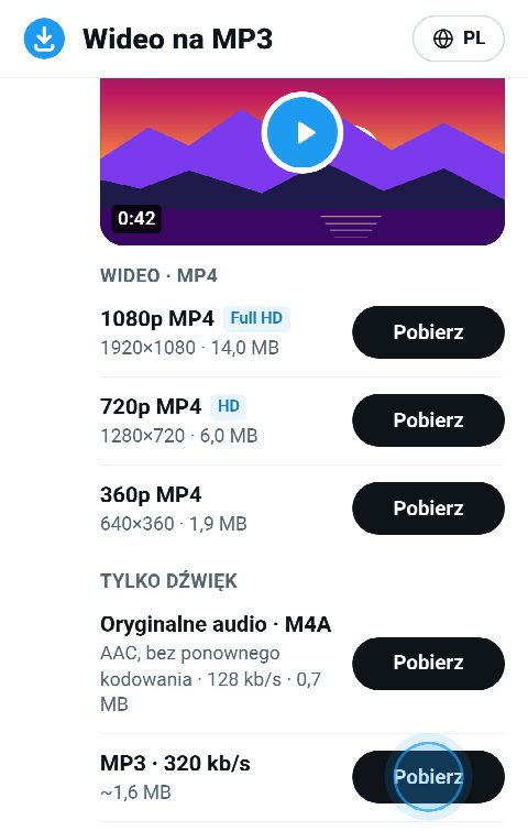 Dźwięk z filmu na FromX.app jako oryginalny M4A i jako MP3 w 320 kb/s
