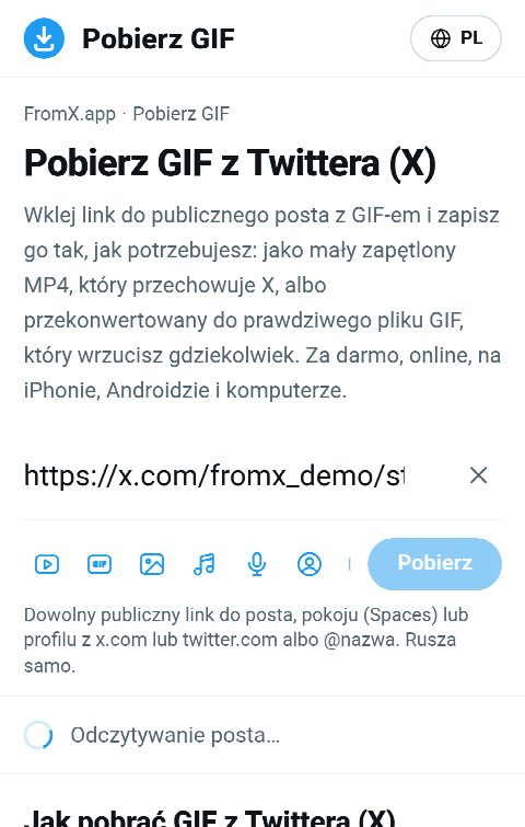 Link do posta wklejony w pole na FromX.app podczas wyszukiwania GIF-a