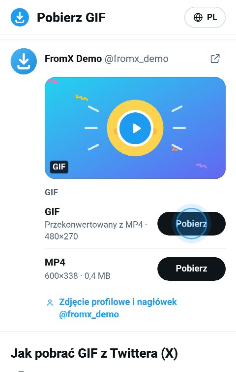 Karta GIF-a na FromX.app z przyciskami animowanego GIF-a i MP4