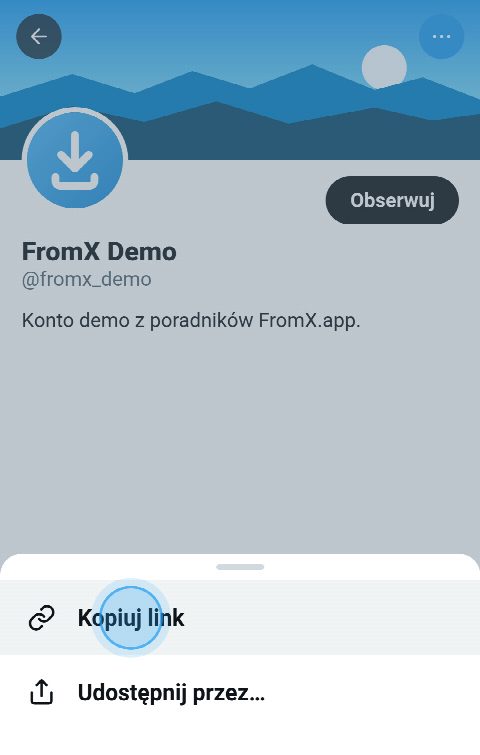 Profil w X z otwartym menu i wybraną opcją „Kopiuj link”