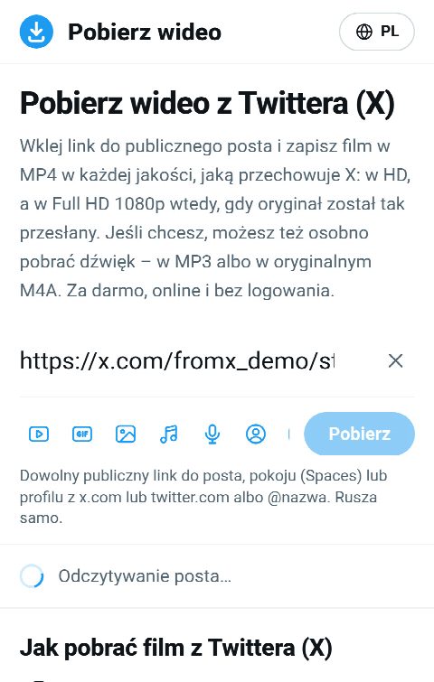 Link do posta wklejony w pole na FromX.app podczas wyszukiwania filmu