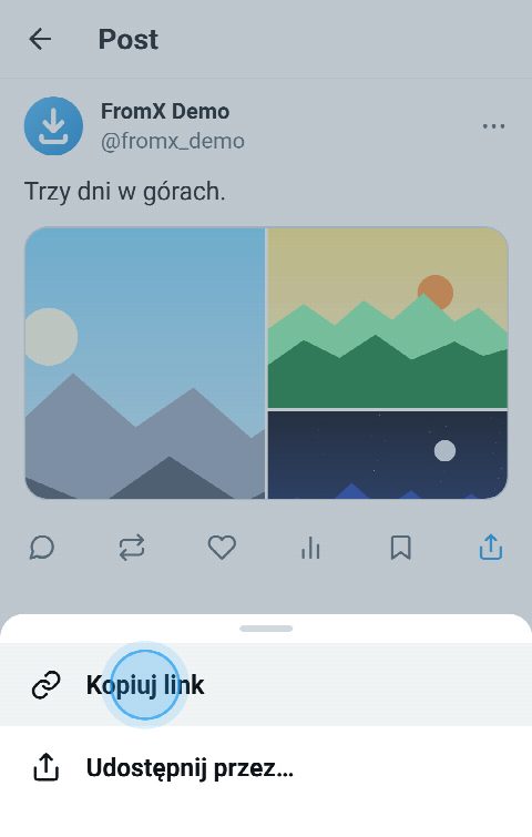 Post z trzema zdjęciami w X z otwartym menu udostępniania i wybraną opcją „Kopiuj link”