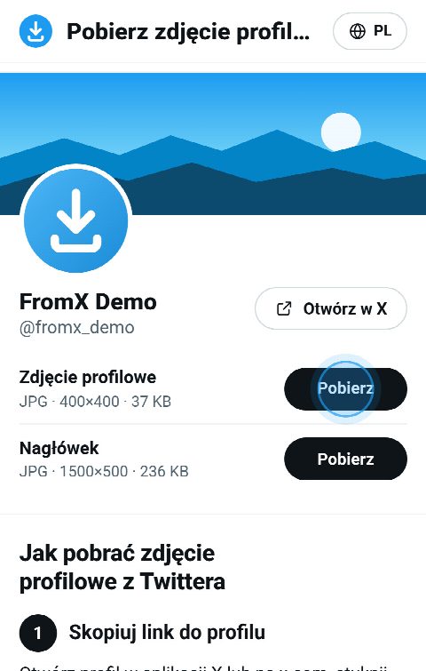 Karta profilu na FromX.app z przyciskami „Pobierz” dla zdjęcia profilowego i banera