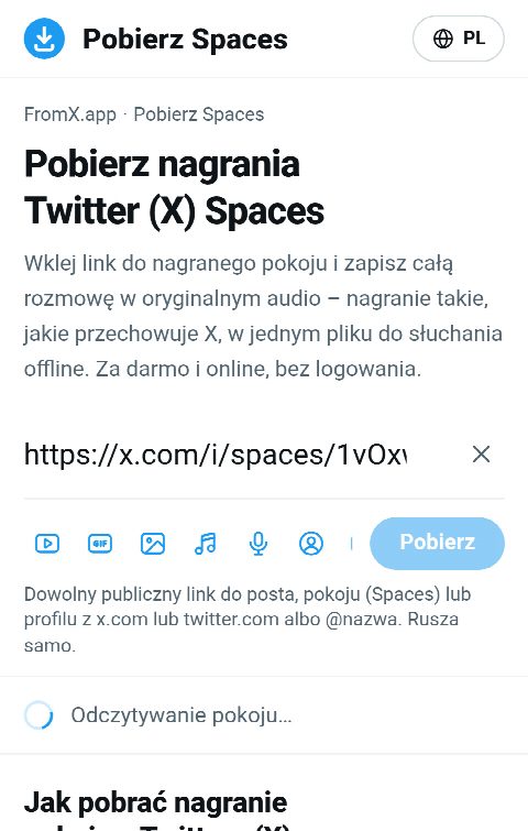 Link do pokoju wklejony w pole na FromX.app podczas wyszukiwania nagrania