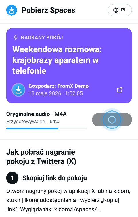 Karta pokoju na FromX.app podczas składania nagrania, pasek na 64%