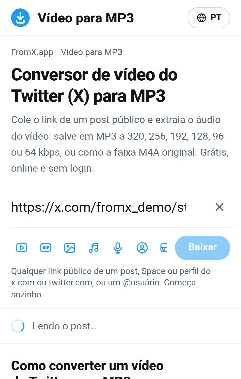O link do post colado no campo do FromX.app enquanto o som é buscado