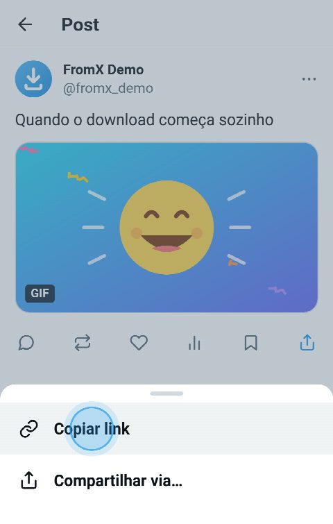 Um post com um GIF no X, com o menu de compartilhar aberto e “Copiar link” selecionado