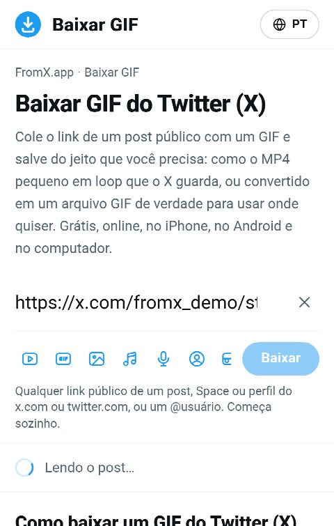 O link do post colado no campo do FromX.app enquanto o GIF é buscado