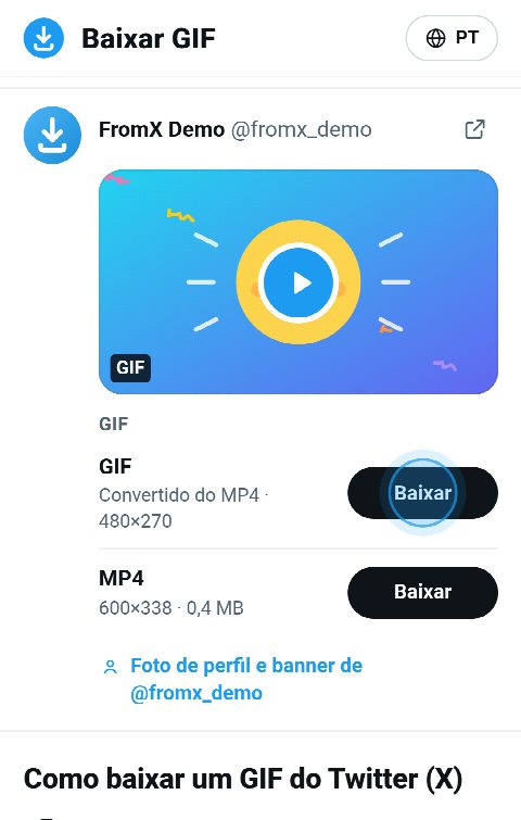 O card do GIF no FromX.app com botões para o GIF animado e o MP4