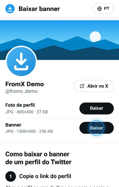 O card do perfil no FromX.app com o banner no topo e um botão “Baixar” para ele