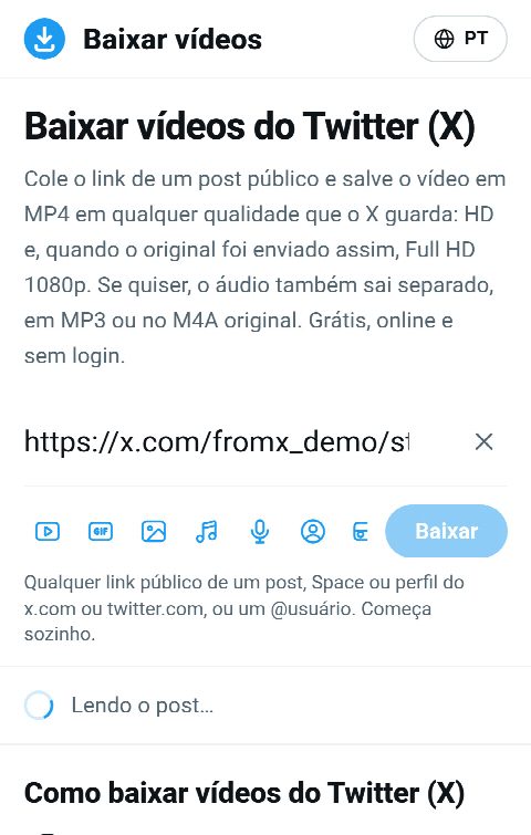 O link do post colado no campo do FromX.app enquanto o vídeo é buscado