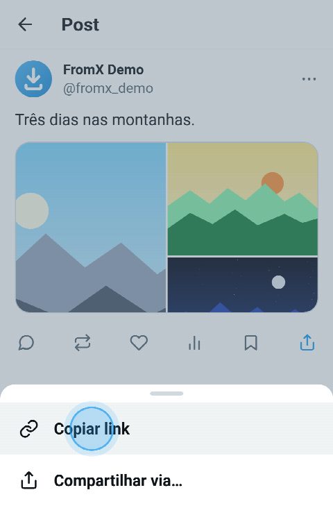 Um post com três fotos no X, com o menu de compartilhar aberto e “Copiar link” selecionado