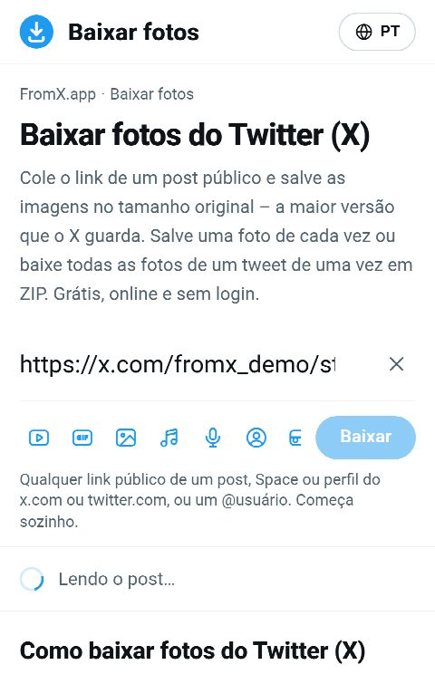 O link do post colado no campo do FromX.app enquanto as fotos são buscadas