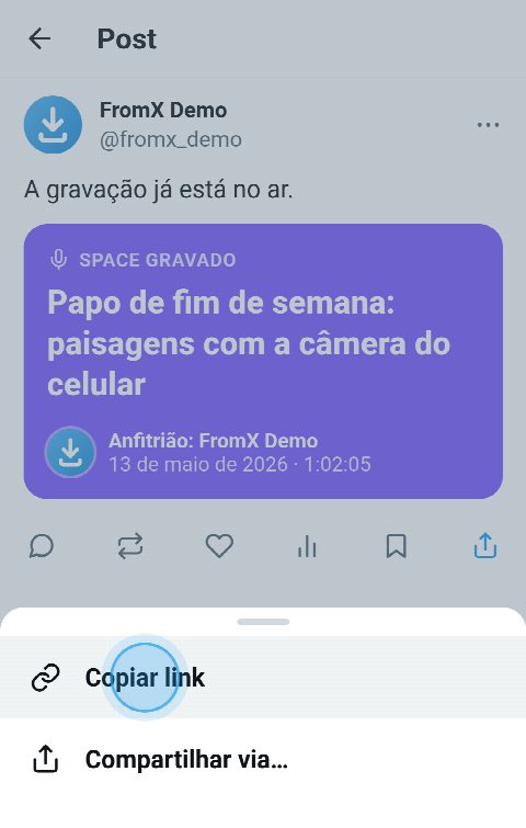 Um Space gravado no X, com o menu de compartilhar aberto e “Copiar link” selecionado