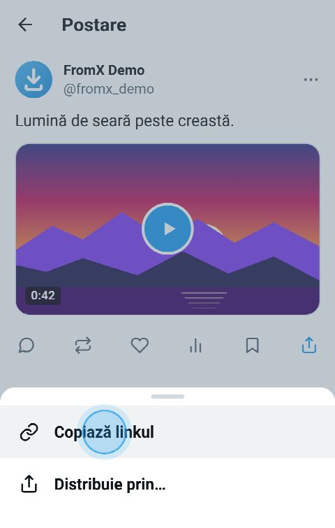 O postare cu video pe X, cu meniul de distribuire deschis și „Copiază linkul” selectat