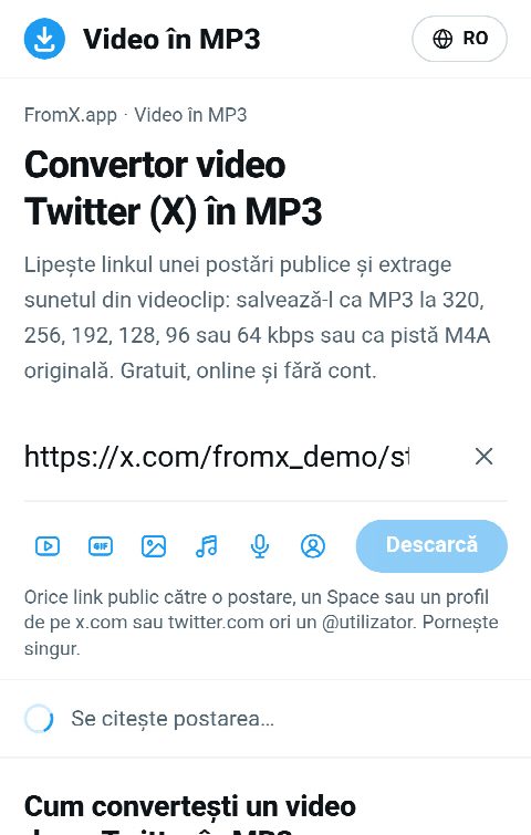 Linkul postării lipit în câmpul de pe FromX.app în timp ce sunetul este căutat