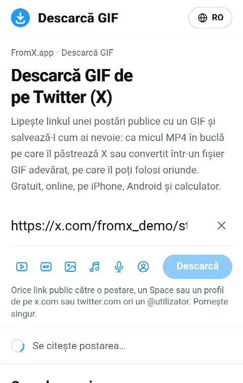 Linkul postării lipit în câmpul de pe FromX.app în timp ce GIF-ul este căutat