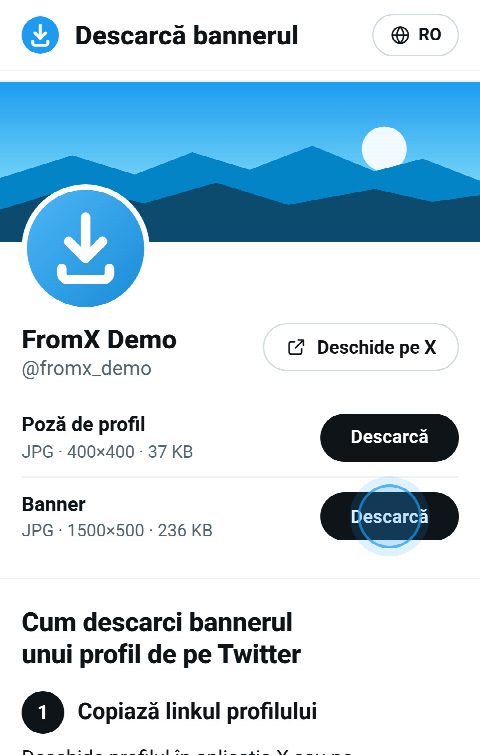 Cardul profilului pe FromX.app cu bannerul sus și un buton „Descarcă” pentru el