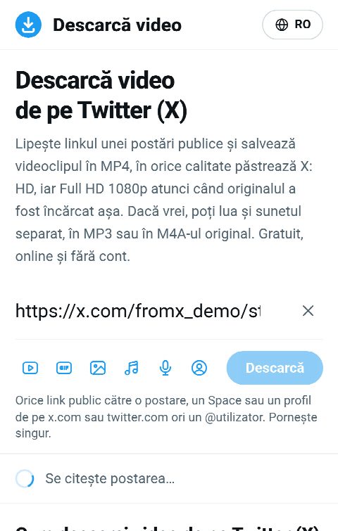 Linkul postării lipit în câmpul de pe FromX.app în timp ce videoclipul este căutat