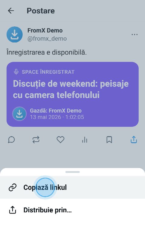 Un Space înregistrat pe X, cu meniul de distribuire deschis și „Copiază linkul” selectat