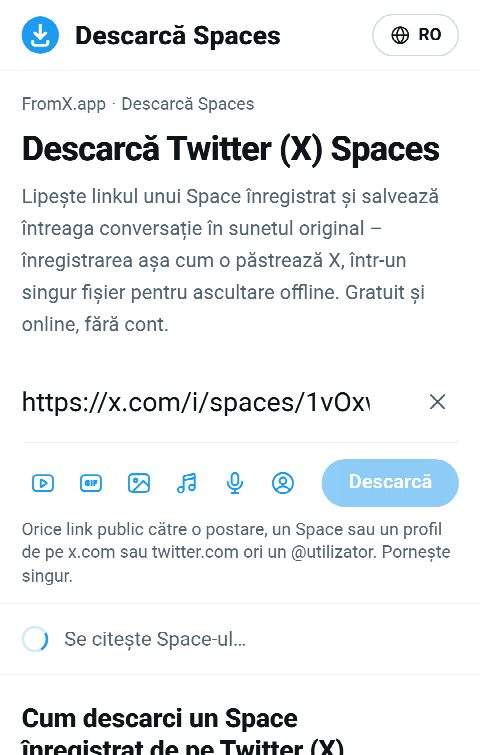 Linkul Space-ului lipit în câmpul de pe FromX.app în timp ce înregistrarea este căutată