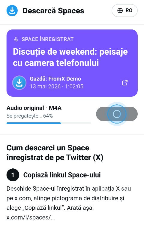 Cardul Space-ului pe FromX.app în timp ce înregistrarea este asamblată, cu bara la 64%