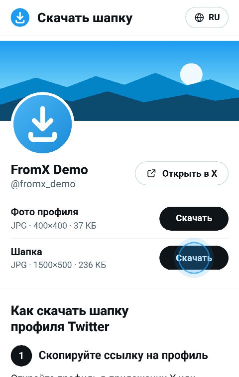 Карточка профиля на FromX.app с шапкой сверху и кнопкой «Скачать» для неё