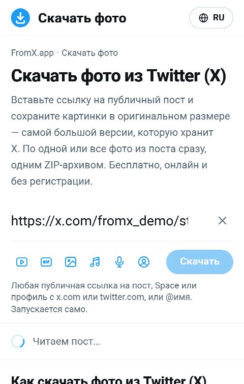 Ссылка на пост вставлена в поле на FromX.app, идёт поиск фото