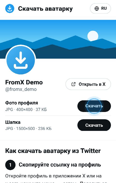 Карточка профиля на FromX.app с кнопками «Скачать» для аватара и шапки