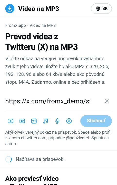 Odkaz na príspevok vložený do poľa na FromX.app počas vyhľadávania zvuku